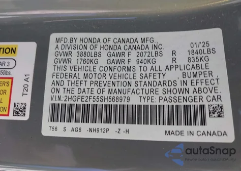 2025 Honda Civic Sport from USA, damaged, VIN 2HGFE2F55SH568979